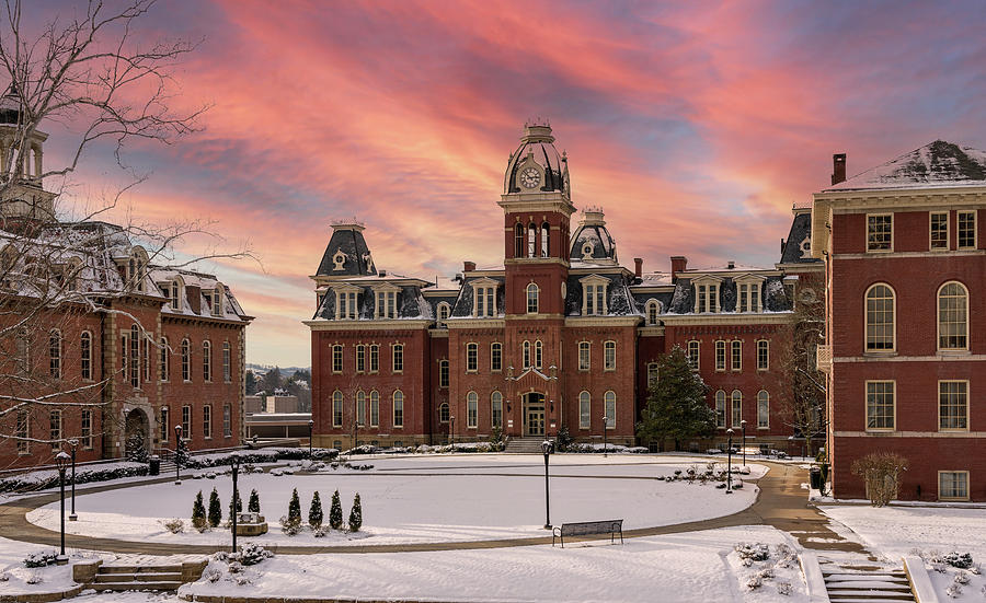 Sunset over snow covered Woodburn Hall at WV University Photograph by Steven Heap
