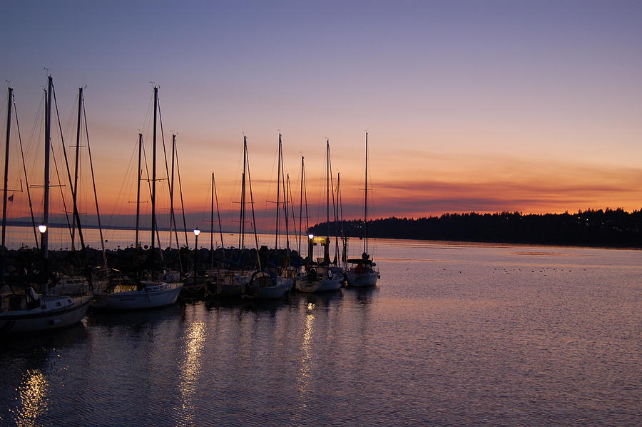 Sunset over the boats in White Rock Photograph by James Cousineau