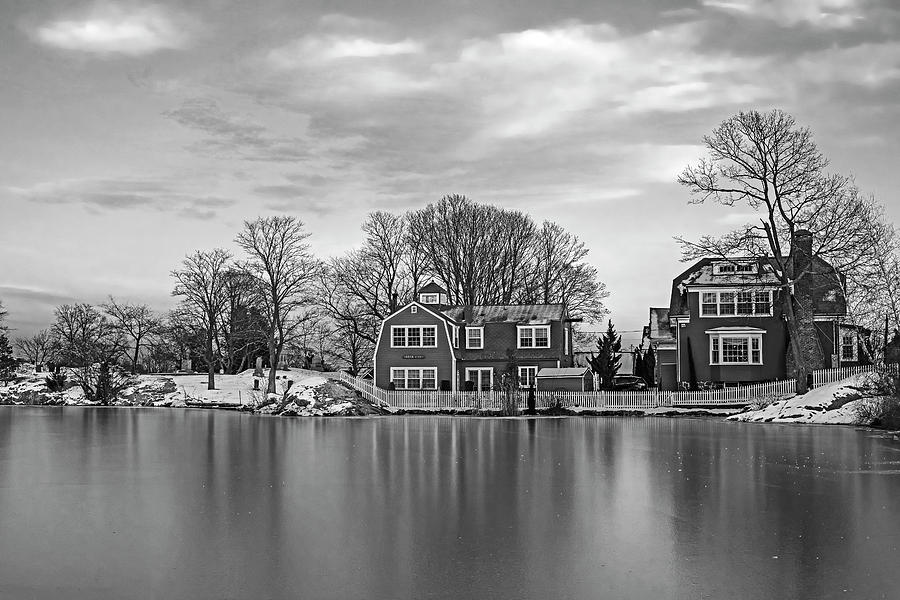 Sunset over the icy Redds Pond Marblehead MA ice reflection Black and White Photograph by Toby McGuire
