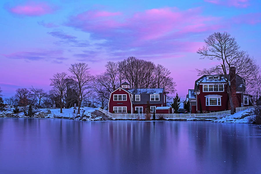 Sunset over the icy Redds Pond Marblehead MA ice reflection Photograph by Toby McGuire