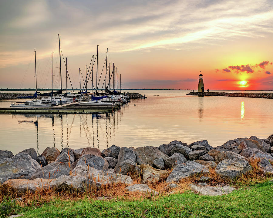 Sunset Over The Lake Hefner Lighthouse At East Wharf - Oklahoma City Photograph by Gregory Ballos