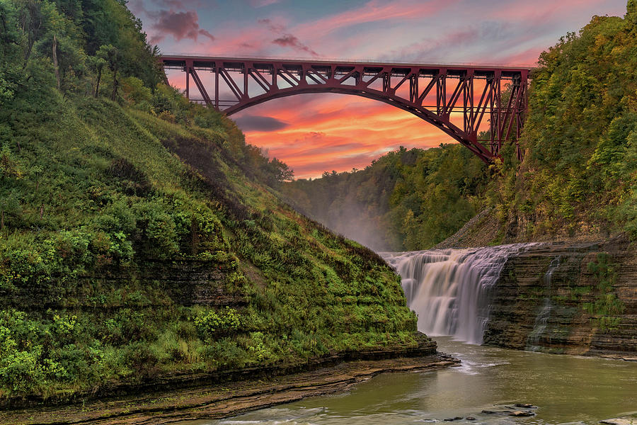 Sunset Over The Upper Falls And Arch Bridge At Letchworth State by Jim Vallee Sunset Over The Upper Falls And Arch Bridge At Letchworth State by Jim Vallee
