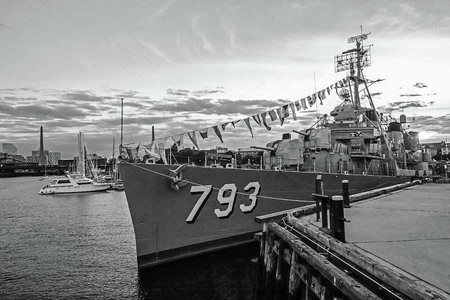 Sunset over the USS Cassin Young  Battleship 793 in Charlestown Massachusetts Black and White Photograph by Toby McGuire