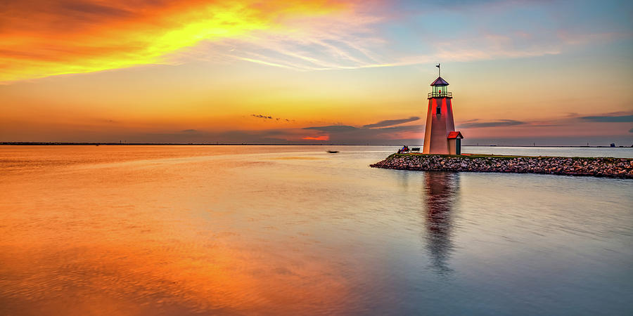 Sunset Panorama at the Lake Hefner Lighthouse At East Wharf - Oklahoma City Photograph by Gregory Ballos