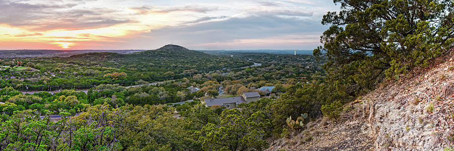 Sunset Panorama of Wimberley and Blanco River Valley from the top of Mt Baldy - Texas Hill Country Photograph by Silvio Ligutti