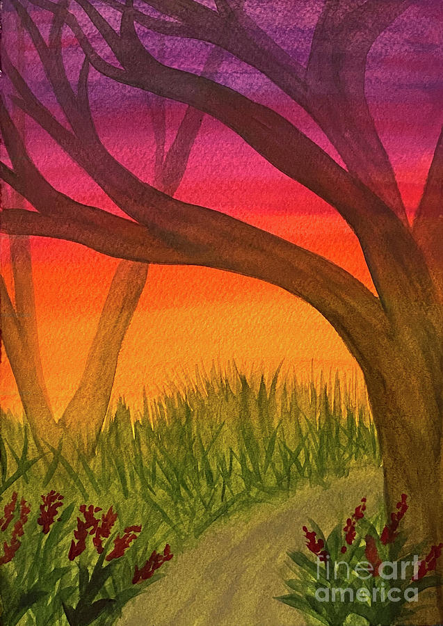 Sunset Path and Trees Mixed Media by Lisa Neuman