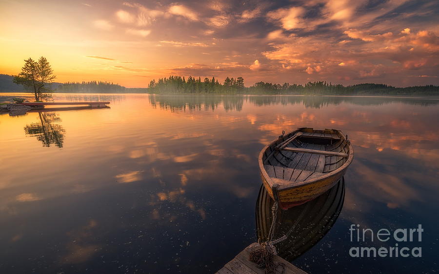 Sunset Reflection Boat In Peaceful Lake Lake Ringerike Norway Landscape