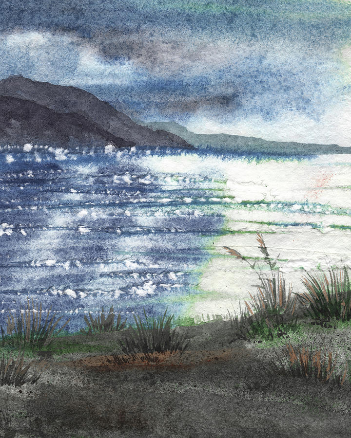 Sunset Reflection Silver Sparkles On The Lake Watercolor Landscape  Painting by Irina Sztukowski
