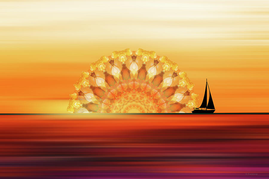Sunset Sail - Orange Sunset Sailboat Art Painting by Sharon Cummings