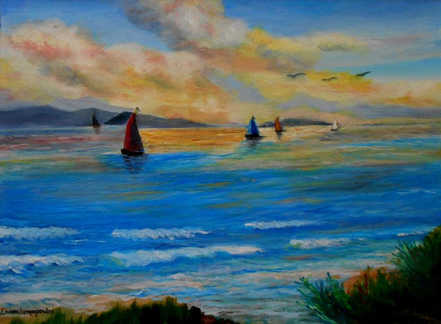 Sunset Sailing Painting by Konstantinos Charalampopoulos