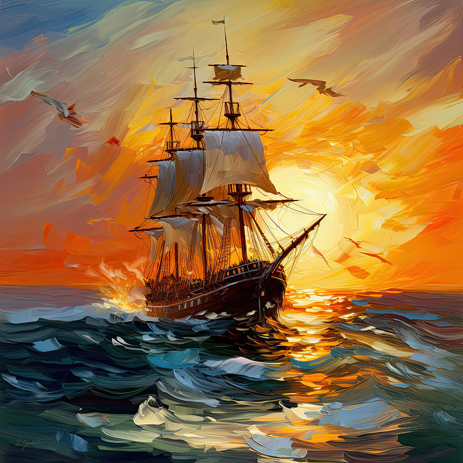 Sunset Sails - Impressionist Tall Ship Sailing into the Sunset Painting by Lourry Legarde