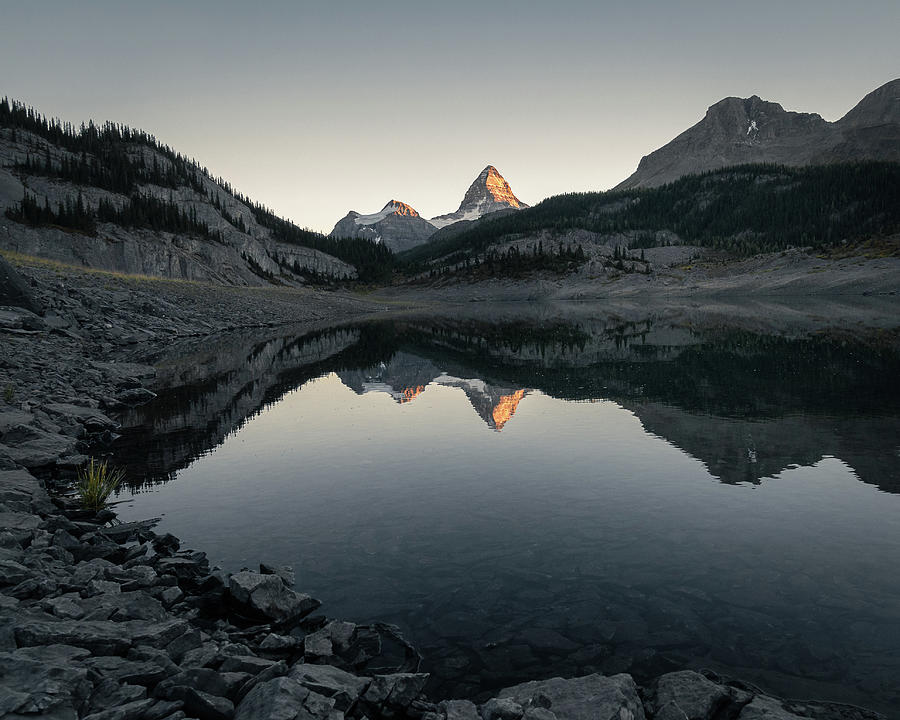 Sunset scenery from Canadian Rockies with majestic Mount Assiniboine reflections  Photograph by Peter Kolejak
