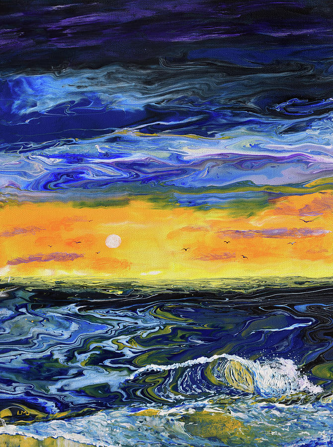 Sunset Seascape in Blue and Yellow Painting by Laura Iverson