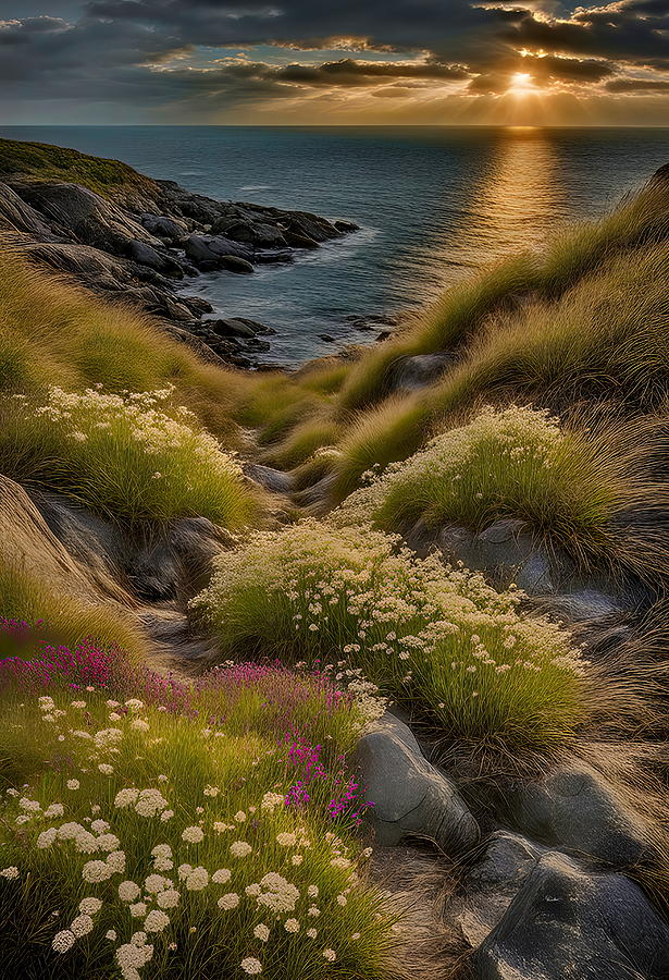 Sunset Serenity - Ocean Reflections and Coastal Flora Digital Art by Russ Harris