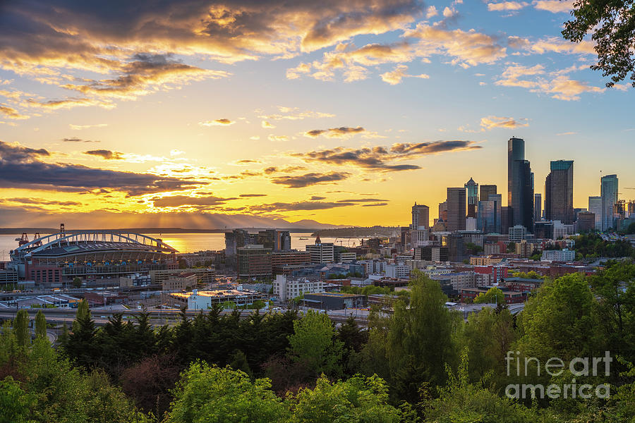 Sunset Sunrays Over Seattle Cityscape Photograph