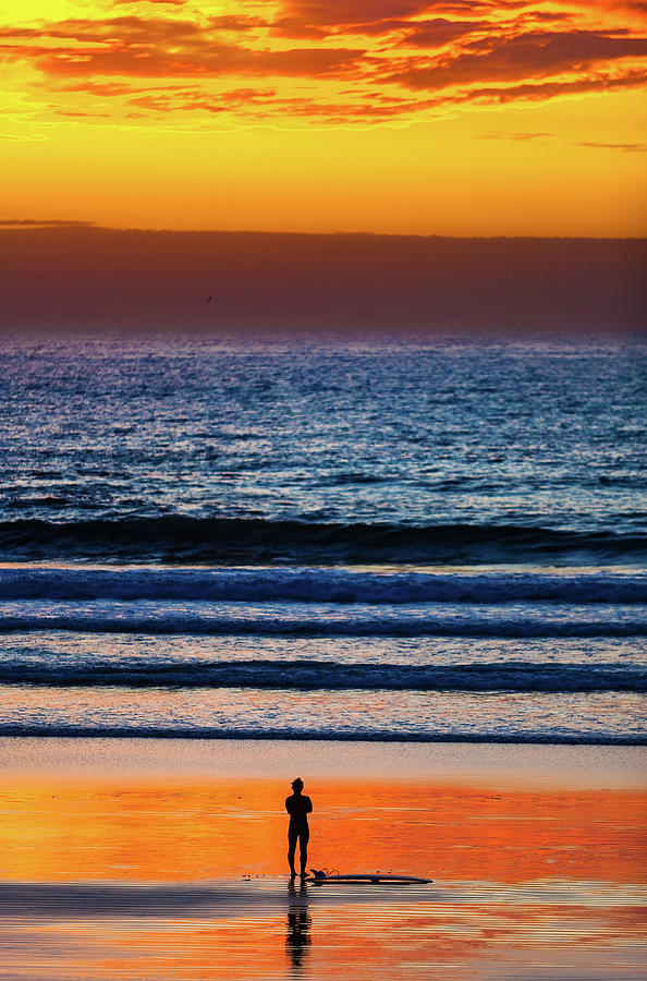 Sunset Surfer at End of Day  Baja Mexico Photograph by Tommy Farnsworth