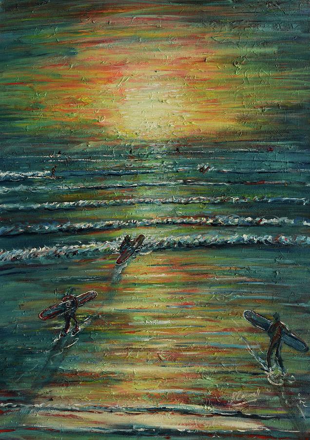 Sunset Surfers at Croyde Bay Painting by Pete Caswell