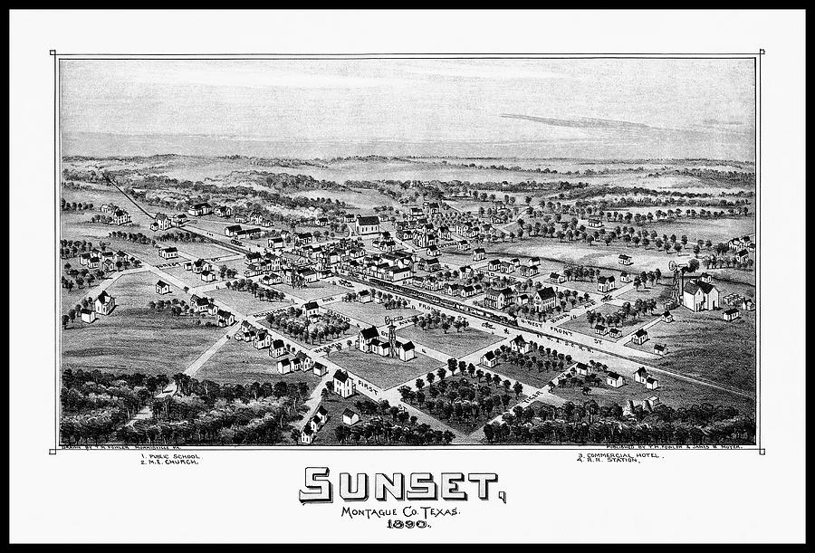Sunset Texas Vintage Map Birds Eye View 1890 Black and White  Photograph by Carol Japp