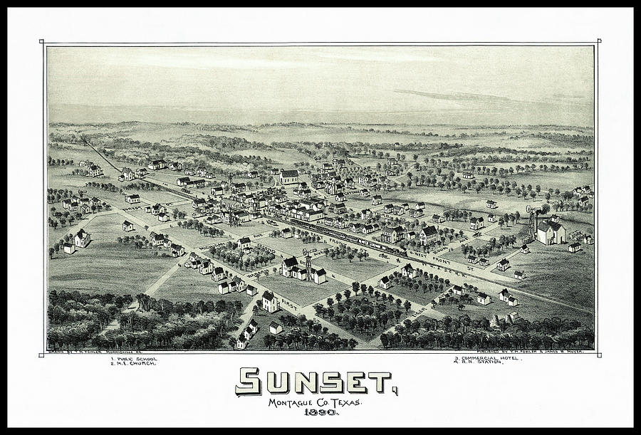 Texas Map Photograph - Sunset Texas Vintage Map Birds Eye View 1890 by Carol Japp