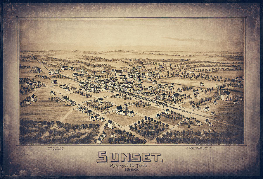 Texas Map Photograph - Sunset Texas Vintage Map Birds Eye View 1890 Sepia by Carol Japp