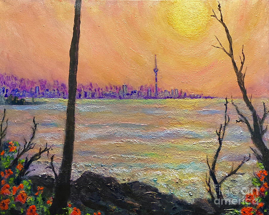 Sunset through the Fog Seattle Coast Painting by Bonnie Marie