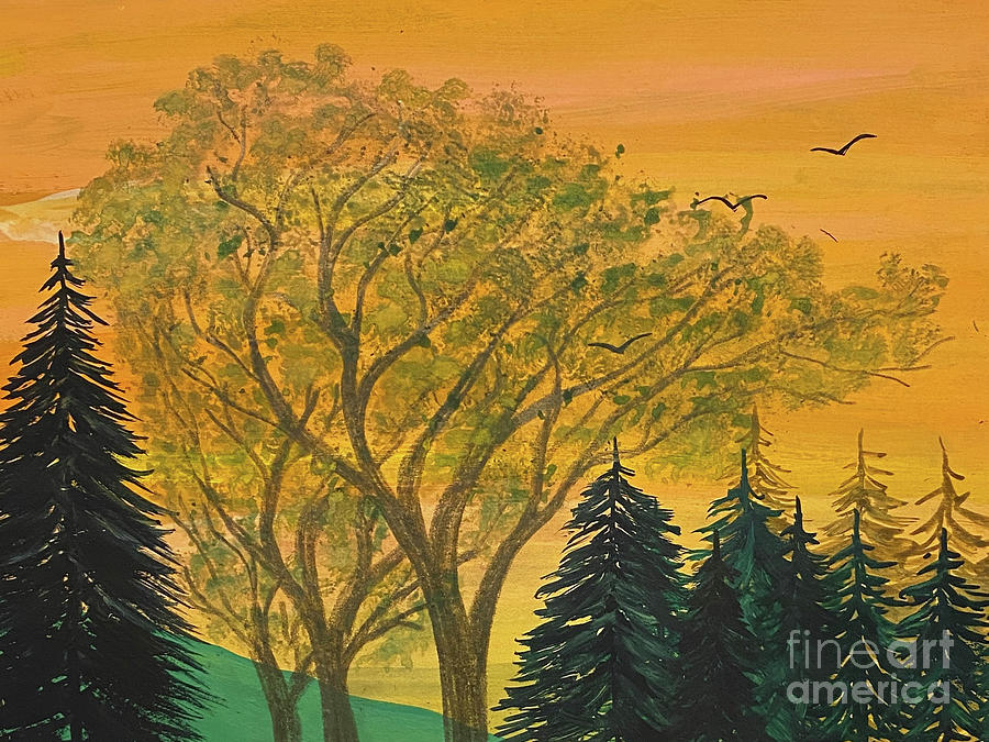 Sunset Trees and Birds Mixed Media by Lisa Neuman
