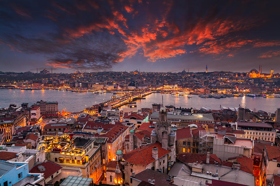 Sunset view from Galata tower to Golden Horn, Istanbul, Turkey Photograph by Anton Petrus