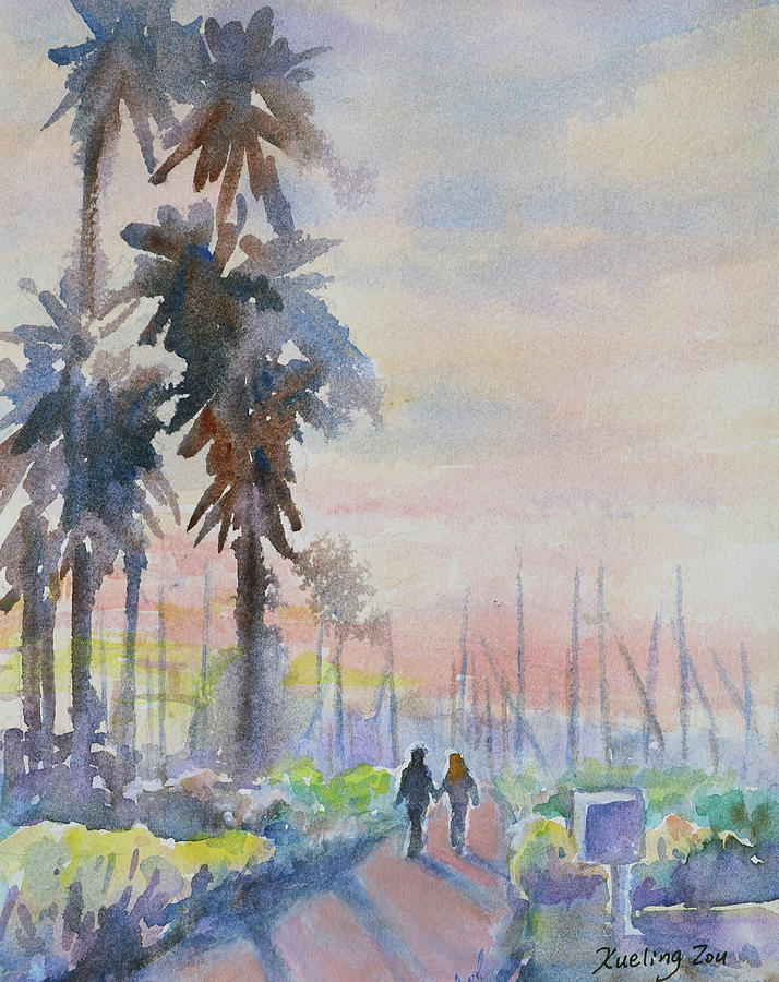 Sunset Walk at Grand Marina Alameda Painting by Xueling Zou