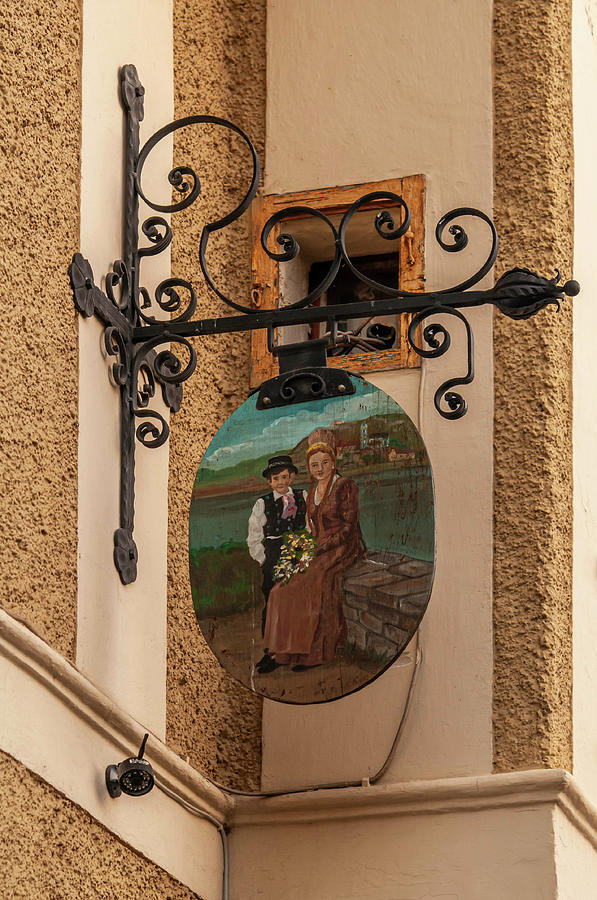 Sunset Walks In Durnstein. Forged Sign with Painting Photograph by Jenny Rainbow