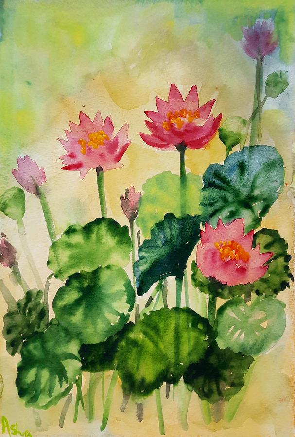 Sunset water lilies Painting by Asha Sudhaker Shenoy