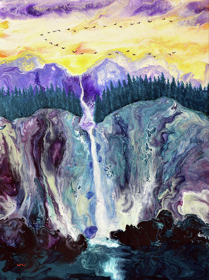 Sunset Waterfall Through Purple Mountains Painting by Laura Iverson