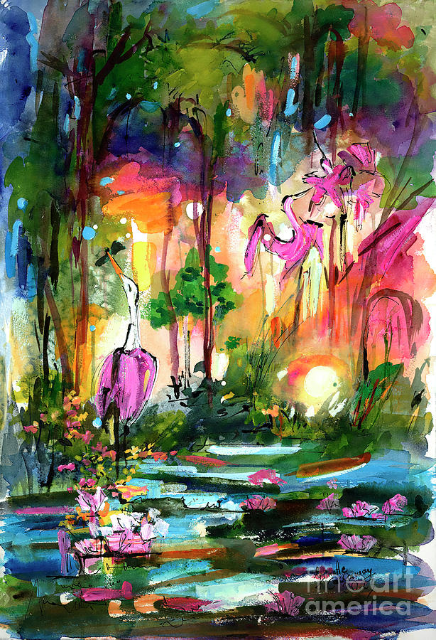 Florida Nature Painting - Sunset Wetland Impression Birds Wildlife Magic by Ginette Callaway