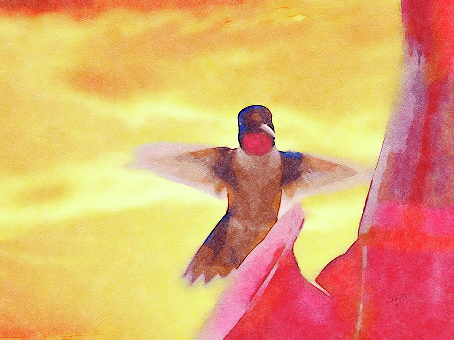 Sunset with Hummingbird Watercolor Painting Digital Art by Shelli Fitzpatrick