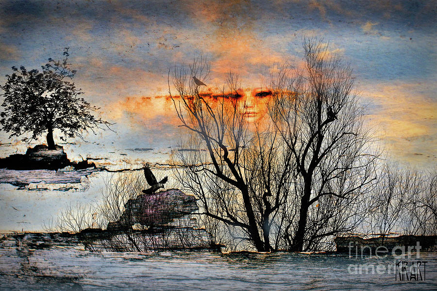 Sunset with trees and birds Mixed Media by Kira Bodensted