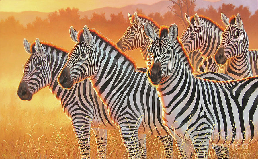 Sunset Zebras Painting by Cynthie Fisher