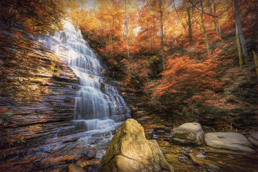 Sunshine at the Benson Waterfall Autumn Painting Photograph by Debra and Dave Vanderlaan
