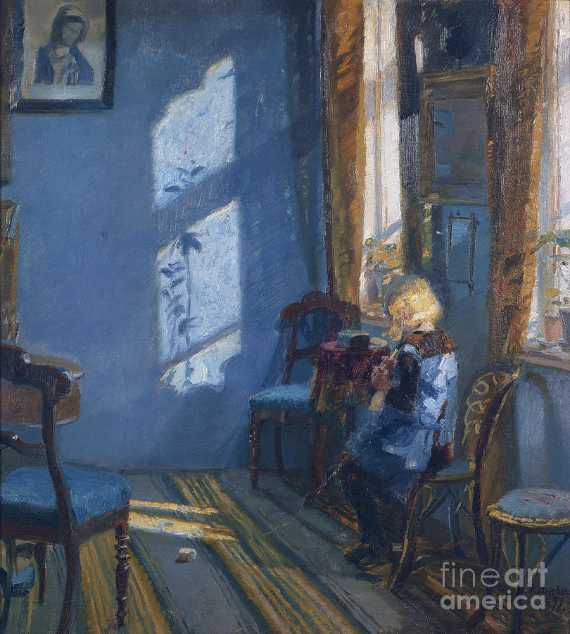 Sunshine in the blue living room, 1891 Painting by O Vaering by Anna Ancher