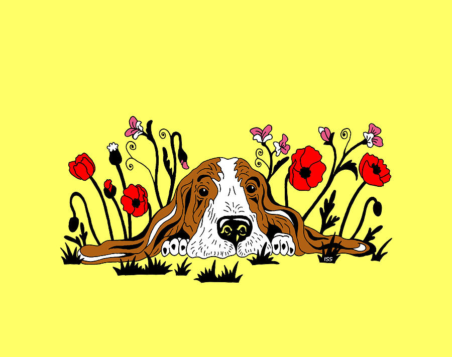 Super Adorable Basset Puppy Lying In The Flower Field  Painting by Irina Sztukowski