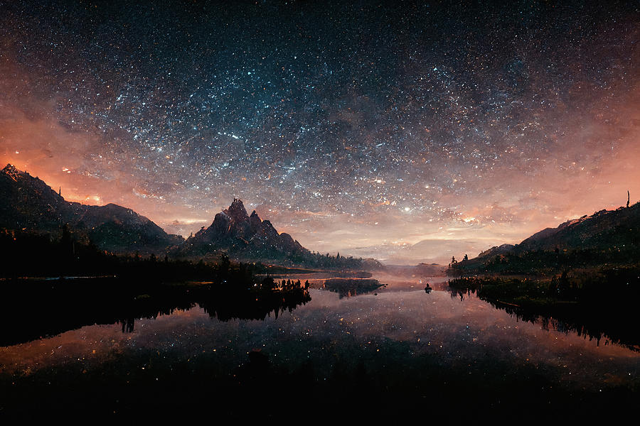 Super Beautiful Digital Illustration Of Star Sky And Lake Digital Art ...