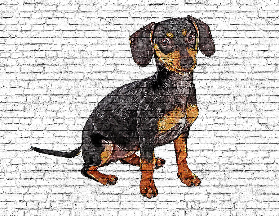 Super Cute Dachshund Puppy - Brick Block Background Painting by Custom Pet Portrait Art Studio