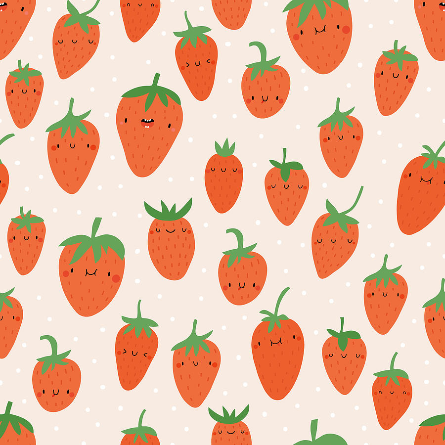 Super cute seamless pattern with Strawberries. Cartoon fruits background.  Spring seasonal berry texture. Natural fresh food background in childish  style. Drawing by Julien - Fine Art America