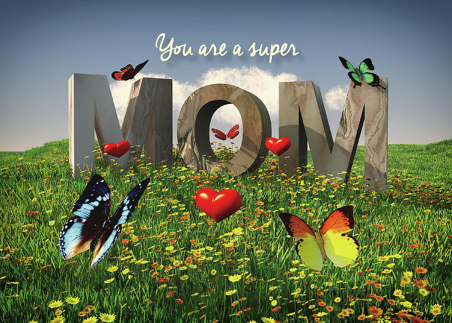 Super Mom in stone with butterflies and hearts Mothers Day Digital Art by Jan Keteleer