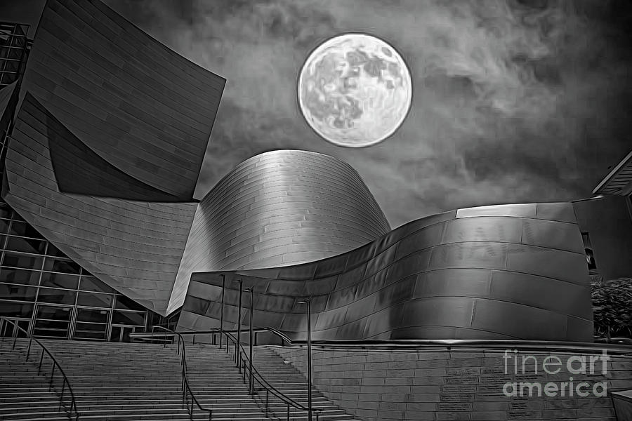 Architecture Photograph - Super Moon Gehry Architecture WDCH Black White  by Chuck Kuhn