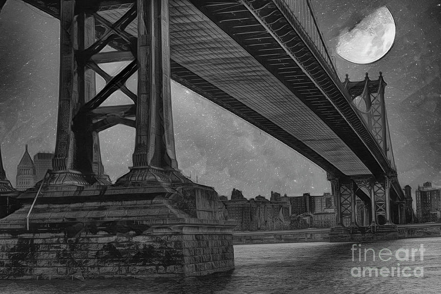 Super Moon over Manhattan Bridge Digital Artistic  Photograph by Chuck Kuhn