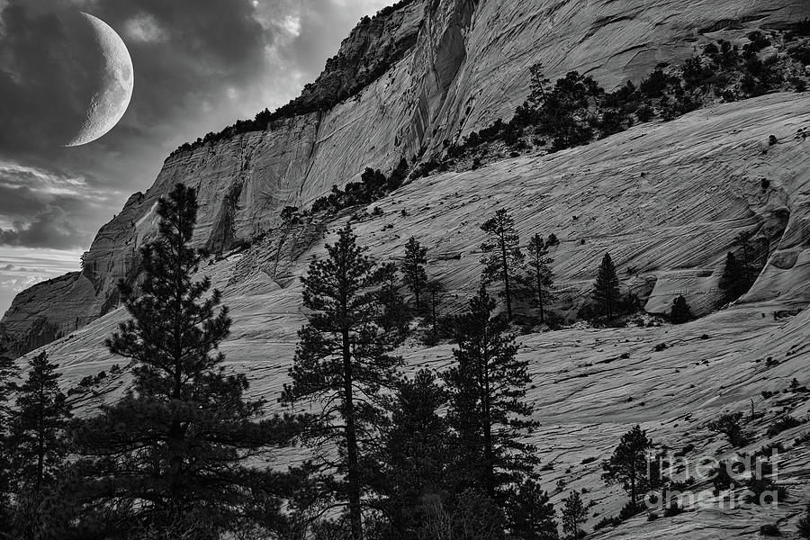 Super Moon over Zion National Park Utah BW  Photograph by Chuck Kuhn