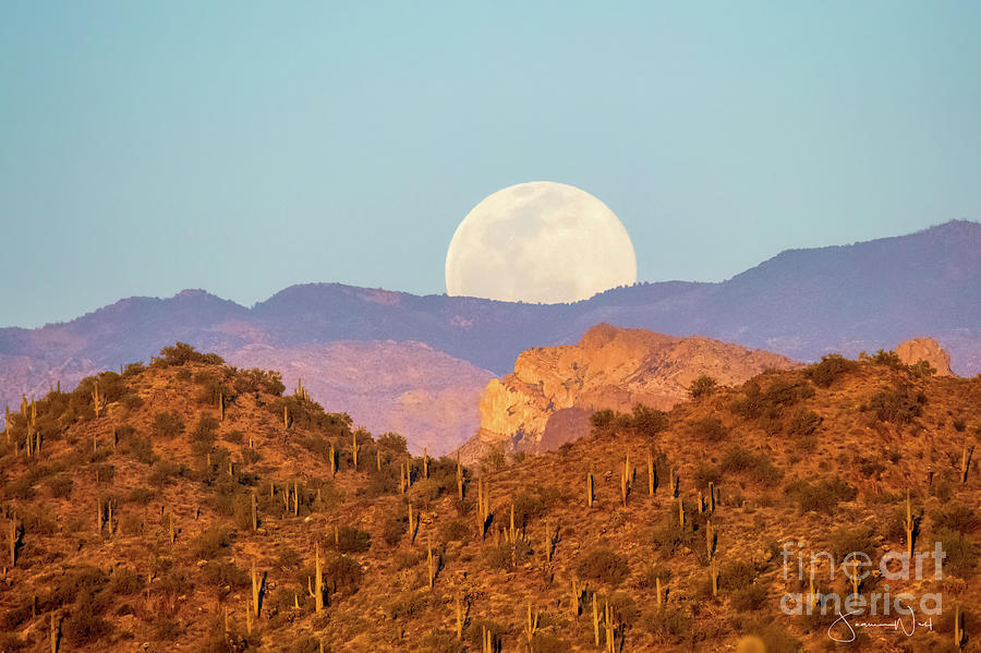 Super Moon Rising Over Superstition Foothills at Sunset          Foothills Superstition Mountains AZ Photograph by Joanne West