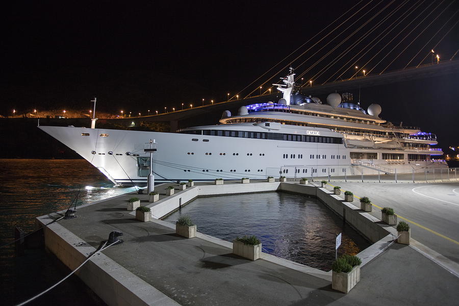 Super yacht Katara (owner: Emir of Qatar) at night Photograph by Holger Leue