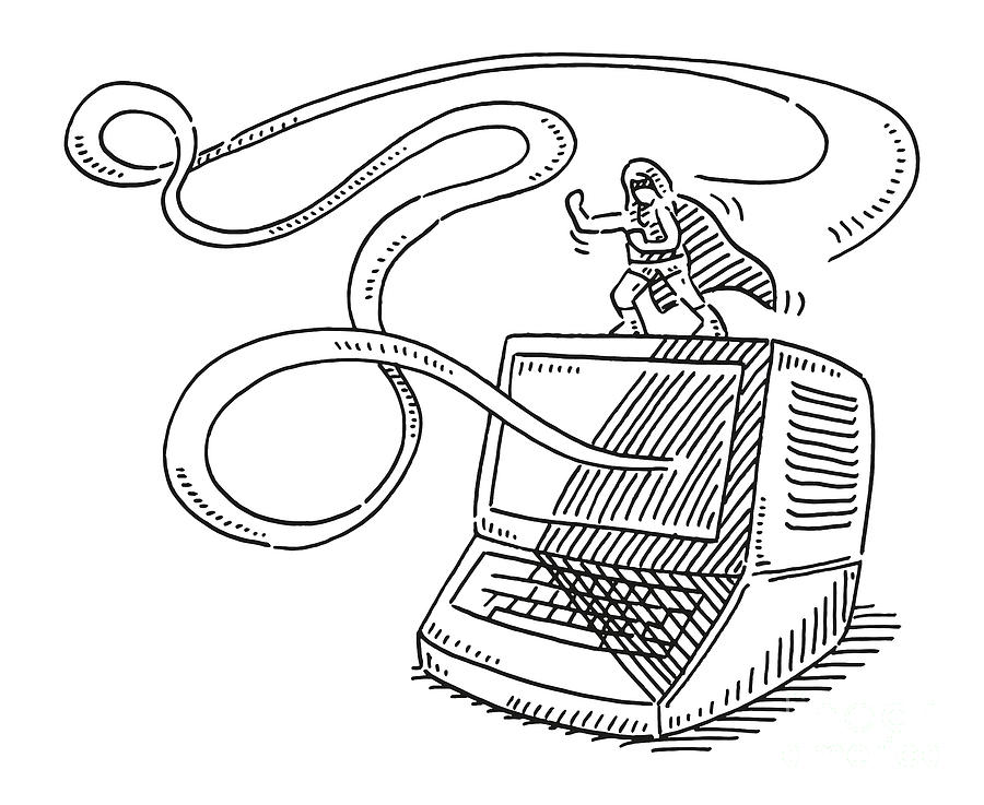 Black And White Drawing - Superhero Flying Out Of Old Computer Drawing by Frank Ramspott
