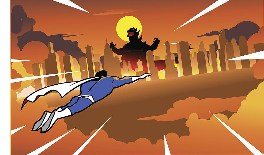 Superhero flying to fight rampaging monster in the city Drawing by Yogysic
