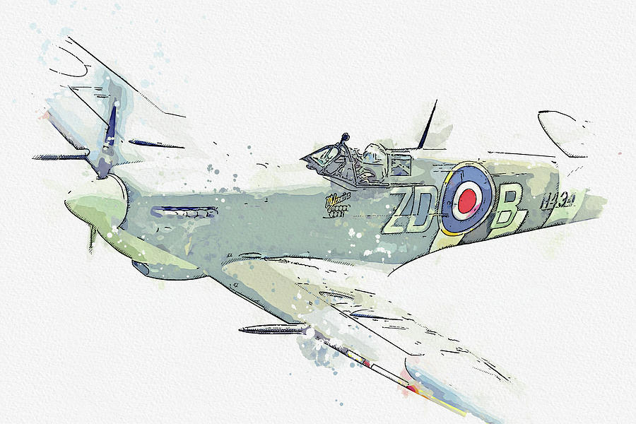 Supermarine Spitfire Mk IXB G-ASJV MH Vintage Aircraft - Classic War Birds - Planes watercolor by Ah Painting by Celestial Images